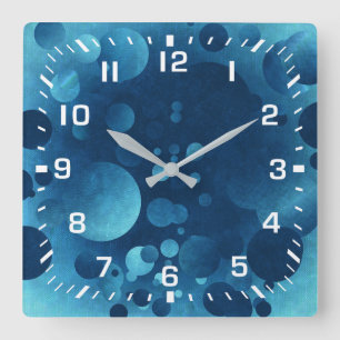 Horloge Carrée Nombres blancs / Cercles géométriques bleus grunge