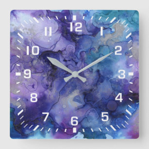 Horloge Carrée Nombres blancs/pourpre moderne, bleu, abrégé sur