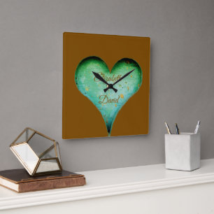Horloge Carrée Noms de couples aspect bois sculpté rustique