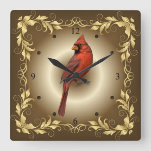 Horloge Carrée Northern Cardinal Male ~ Red With Pointed Crest ~