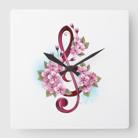 Horloge Carrée Notes de clef musicale en treble avec des fleurs S (Recto)