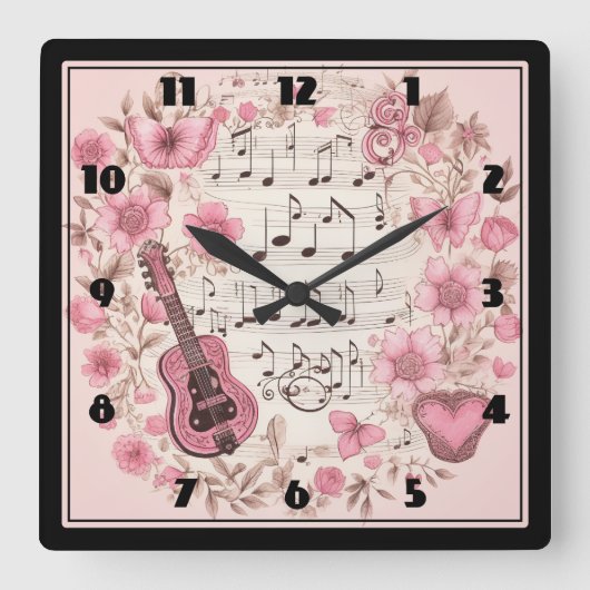 Horloge Carrée Notes de musique et Fleurs style rétro (Recto)