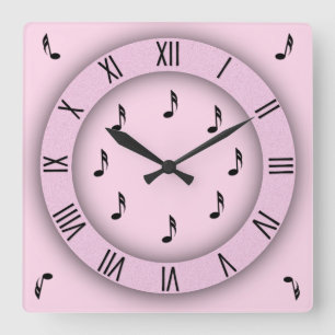 Horloge Carrée Notes de musique roses avec des chiffres romains