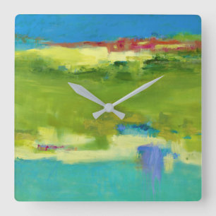 Horloge Carrée Notes de terrain - Art vert Abstrait
