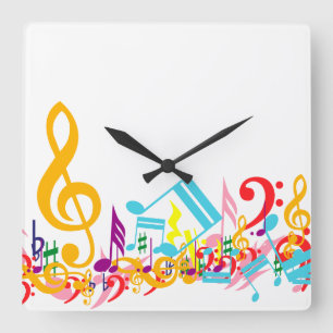 Horloge Carrée Notes musicales brouillées colorées
