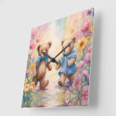 Horloge Carrée Nounours dans un jardin pastel (Angle)
