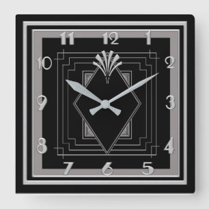 Horloge Carrée Nouveau Très Art Déco (Argent/Noir)