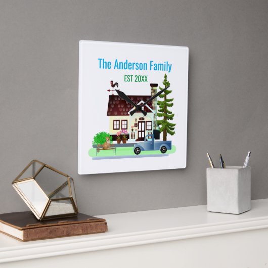 Horloge Carrée Nouvelle maison avec nom de famille (Bureau)