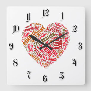 Horloge Carrée Nuage de mots de forme cardiaque