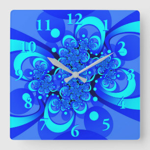 Horloge Carrée Nuances de bleu moderne art fractal Abstrait