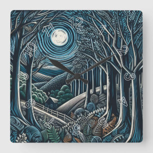 Horloge Carrée Nuit dans les bois