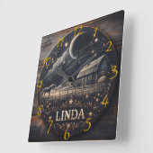 Horloge Carrée Nuit de la grange rustique Ciel sculpture sur bois (Angle)