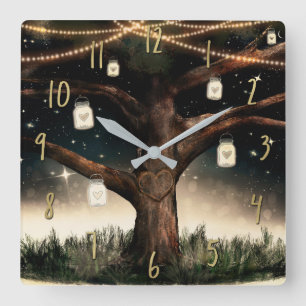 Horloge Carrée Nuit rustique avec arbre lumineux et pots Mason