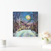 Horloge Carrée Nuit silencieuse pleine lune d'hiver en Suède (Maison)