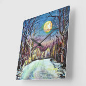 Horloge Carrée Nuit silencieuse pleine lune d'hiver en Suède (Angle)