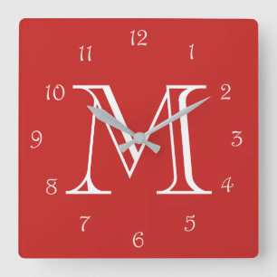 Horloge Carrée Numéros de script blanc monogramme sur l'horloge