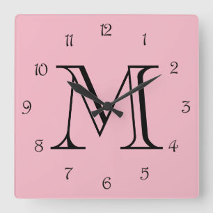 Horloge Carrée Numéros de script noir monogramme sur wccn rose