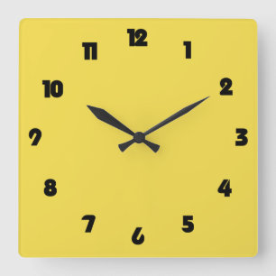 Horloge Carrée Numéros noirs gras sur l'horloge murale jaune peu