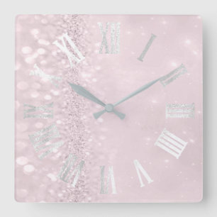 Horloge Carrée Numéros romains Silver rose Blush Green Parties sc