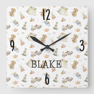 Horloge Carrée Nurserie Bohème Aquarelle Jouets Anciens 10,75 pou