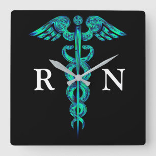Horloge Carrée Nurse's Turquoise Caduceus