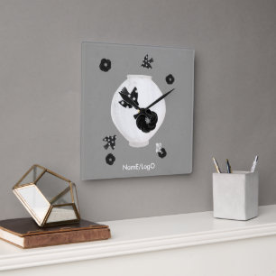 Horloge Carrée objet_22_camélia, oiseau et poterie