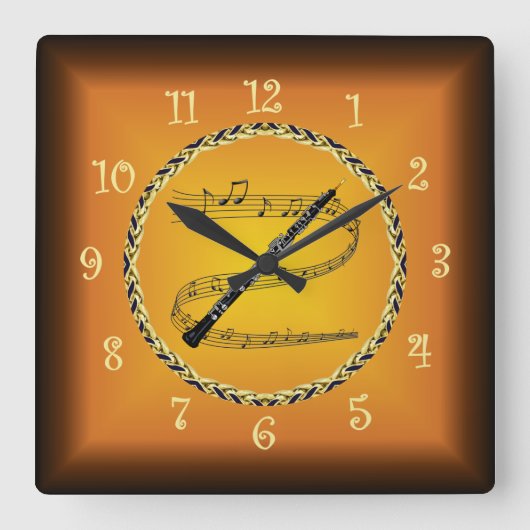 Horloge Carrée Oboe On Musical Scroll & Russet Orange ~ (Recto)