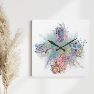 Horloge Carrée Ocean Beach Under the Sea Watercolor Art Seahorse
