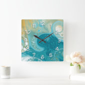 Horloge Carrée Ocean Blue Waves et Sandy Brown Fluid Art (Maison)