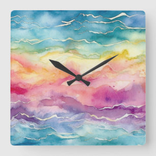 Horloge Carrée Ocean Waves Watercolor Arc en ciel