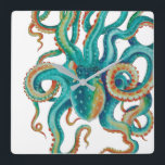 Horloge Carrée Octopus Turquoise aquarelle Art<br><div class="desc">l'art du poulpe</div>