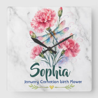 Horloge Carrée Œillet Dragonfly Marble Fleur de Naissance de Janv
