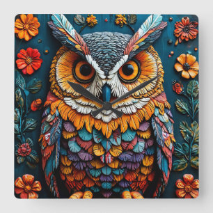Horloge Carrée Œuvre d'art colorée de hibou avec détails complexe