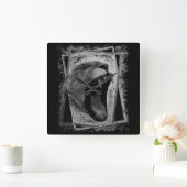 Horloge Carrée oeuvre de lion noir et blanc  (Maison)