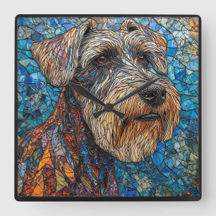 Horloge Carrée Oeuvre de mosaïque colorée du chien Schnauzer géan