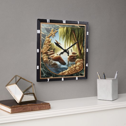 Horloge Carrée Oie grise Rivière Rustique (Bureau)