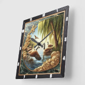 Horloge Carrée Oie grise Rivière Rustique (Angle)