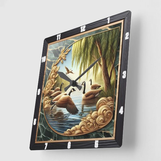 Horloge Carrée Oie grise Rivière Rustique (Angle)