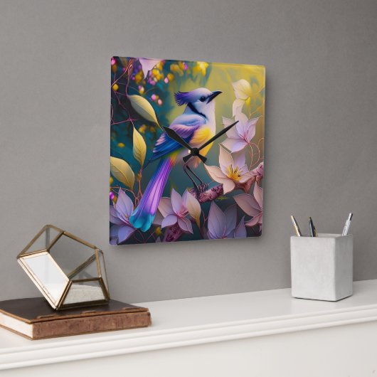 Horloge Carrée Oiseau à poitrine jaune violet (Bureau)