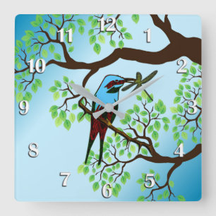 Horloge Carrée Oiseau bleu dans les arbres Ciel bleu