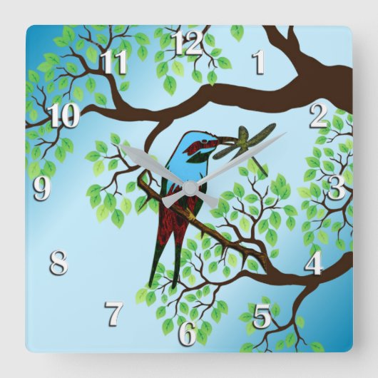 Horloge Carrée Oiseau bleu dans les arbres Ciel bleu (Recto)
