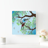 Horloge Carrée Oiseau bleu dans les arbres Ciel bleu (Maison)