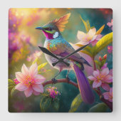 Horloge Carrée Oiseau d'Imaginaire à arc-en-ciel orangé (Recto)