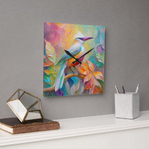 Horloge Carrée Oiseau Fantastique à Sein Rose et Bec Rose