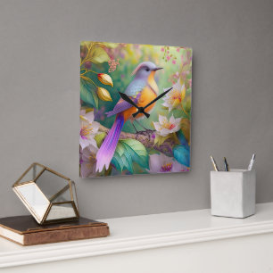 Horloge Carrée Oiseau Fantastique à Tête de Lavande et Poitrine O