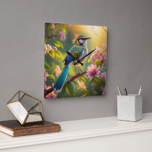 Horloge Carrée Oiseau fantastique à tête verte et ailes de sarcel
