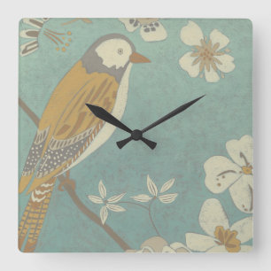 Horloge Carrée Oiseau jaune, gris et beige perché sur une branche