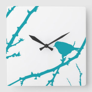 Horloge Carrée Oiseau sur une branche Silhouette_Turquoise