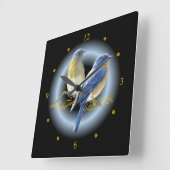 Horloge Carrée Oiseaux bleus et paillettes ~ Gold Musical Scroll (Angle)