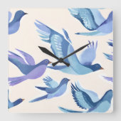 Horloge Carrée Oiseaux bleus volant | Aquarelle moderne (Recto)